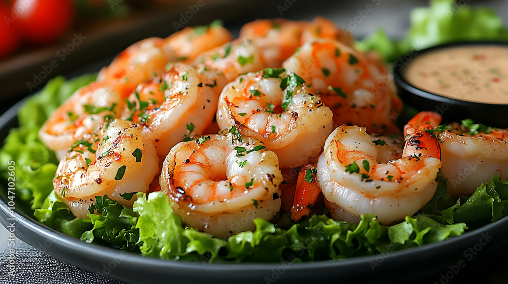 Grilled Shrimp with Parsley and Salad Realistic Image Grilled Shrimp with Parsley and Salad Realistic Image
