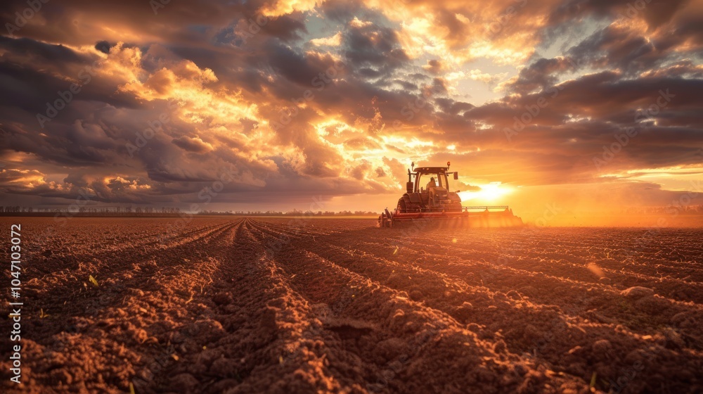 Fototapeta premium Tractor Working a Field at Sunset with Dramatic Clouds