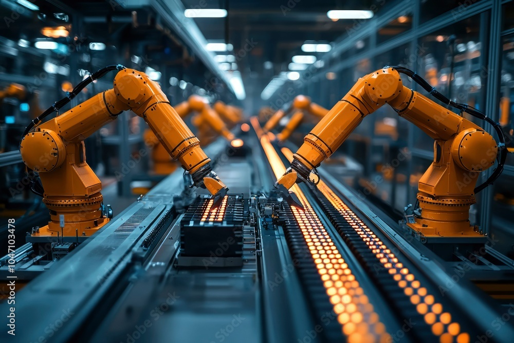 Industrial Robotic Arms Working on an Assembly Line Industrial Robotic Arms Working on an Assembly Line