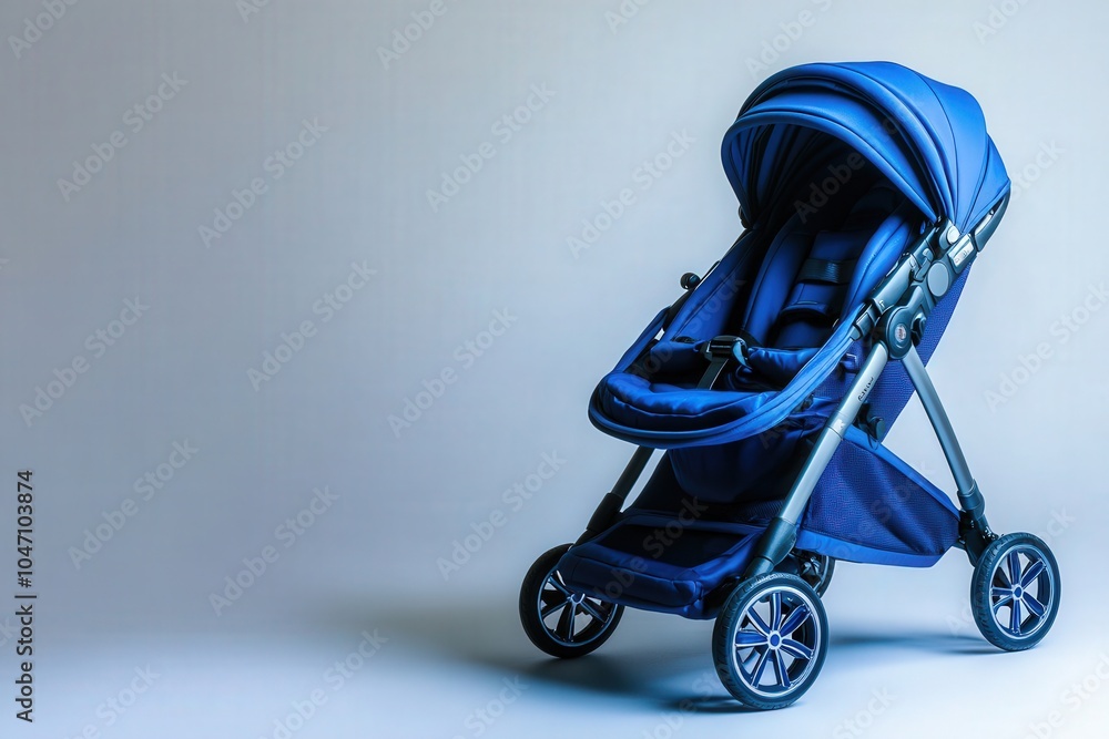 A luxurious blue baby stroller stands elegantly on a clean, solid surface, showcasing sleek design and craftsmanship. The soft lighting enhances its features, making it a stylish choice for parents. A luxurious blue baby stroller stands elegantly on a clean, solid surface, showcasing sleek design and craftsmanship. The soft lighting enhances its features, making it a stylish choice for parents.