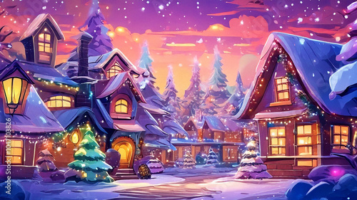 Christmas Harmony in a Joyful Cartoon Wonderland with Glittering Trees, Neon Lights, and Cheerful Decorations, Where Enchanting Details Illuminate a Festive Village and Evoke the Christmas Spirit