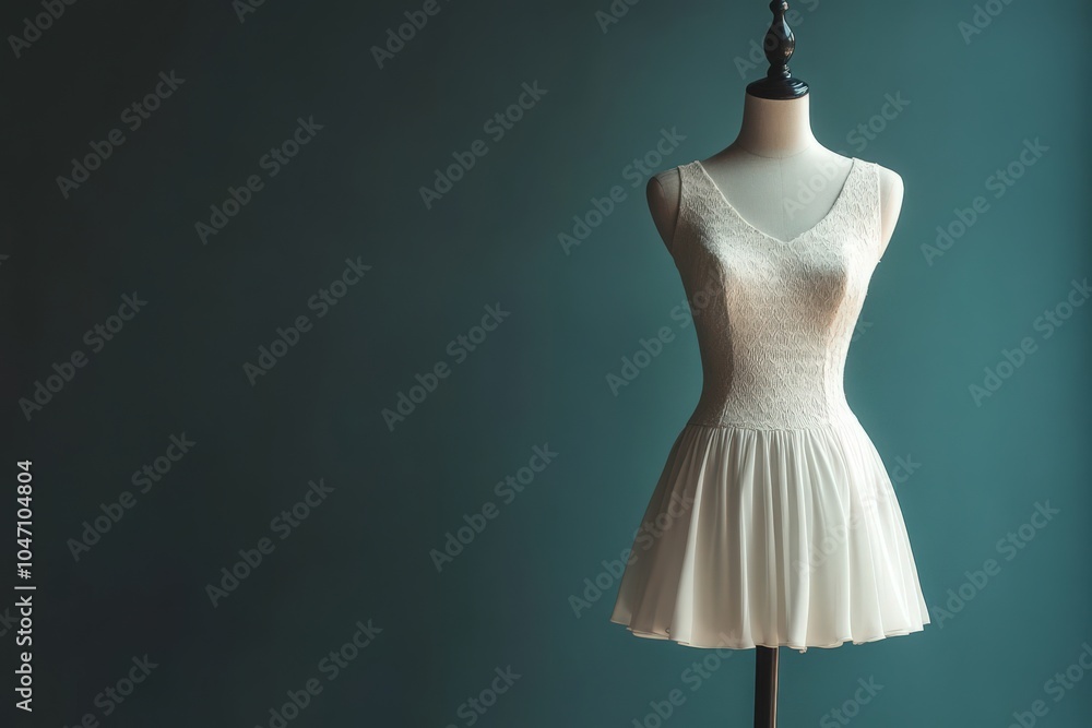 A stylish mannequin showcases a simple white dress against a calm, muted background, highlighting elegance and modern design. The setup emphasizes minimalism and fashion allure. A stylish mannequin showcases a simple white dress against a calm, muted background, highlighting elegance and modern design. The setup emphasizes minimalism and fashion allure.