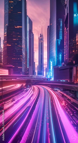 Futuristic cityscape in neon lights witf road and freeway among tall buildings abstract motion blurred view Vertical 4K photo