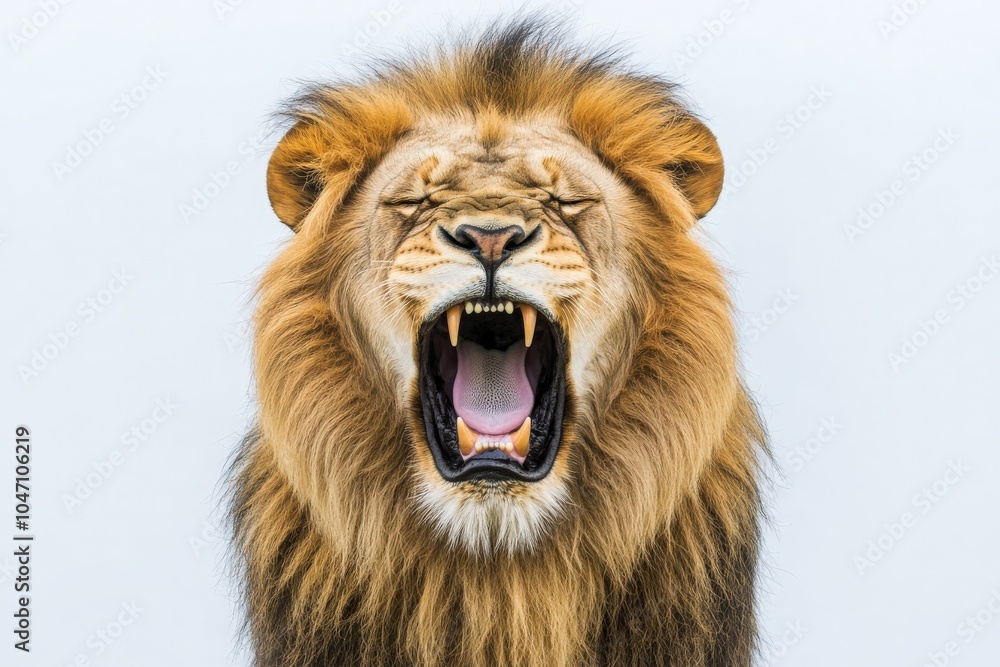 A powerful lion stands isolated, letting out a fierce roar. Its golden mane frames its face as it showcases its dominance in the wild under a clear sky at midday. A powerful lion stands isolated, letting out a fierce roar. Its golden mane frames its face as it showcases its dominance in the wild under a clear sky at midday.
