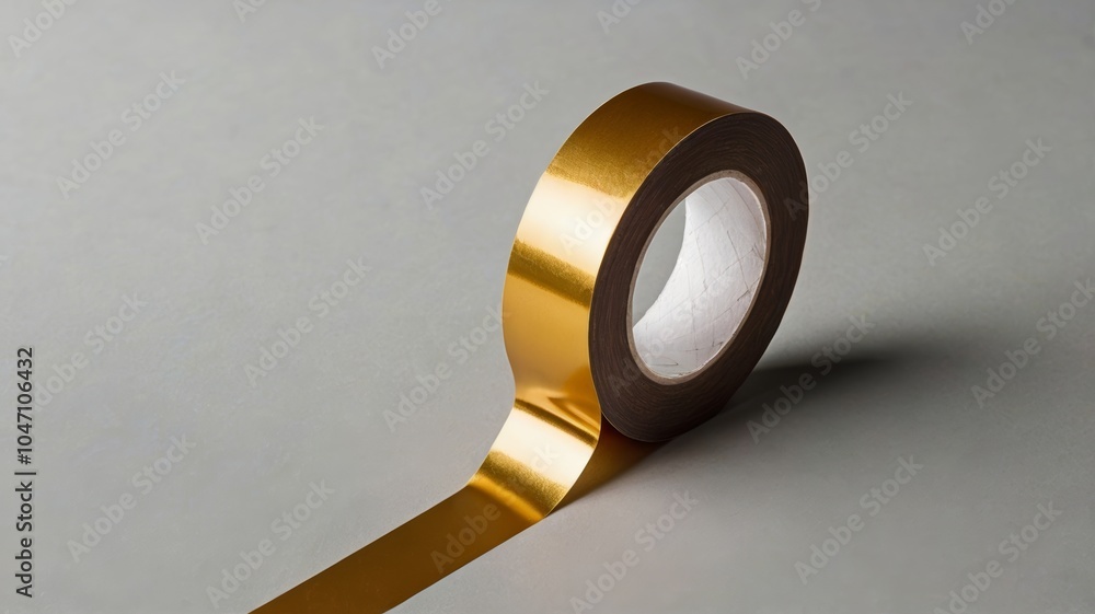 Fototapeta premium Golden packaging tape roll unrolling on gray background