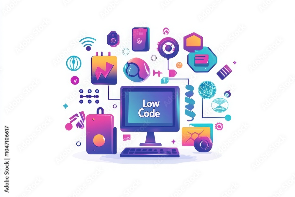 A vibrant computer screen displays the text Low Code, surrounded by various technology symbols and icons. A vibrant computer screen displays the text Low Code, surrounded by various technology symbols and icons.