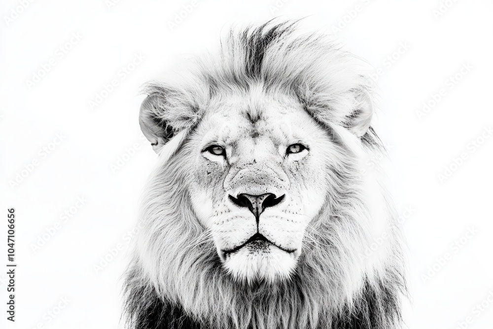 Fototapeta premium The lion stands proudly at the center, showcasing its powerful features and expressive eyes. The stark contrast enhances the animals majestic aura and details of its mane.