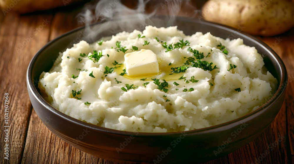 A bowl of creamy mashed potatoes topped with butter and parsley. (3) A bowl of creamy mashed potatoes topped with butter and parsley. (3)