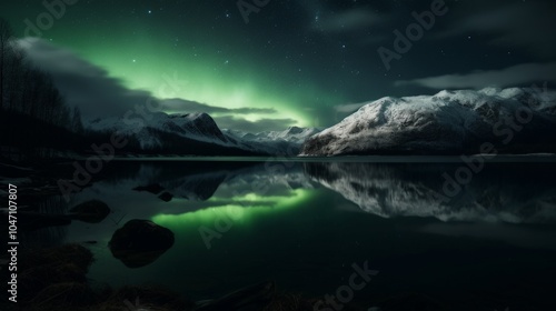 Aurora borealis reflecting on calm mountain lake at night