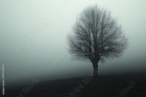 Lone tree standing in dense fog