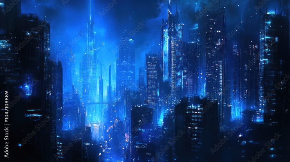 Futuristic Cityscape Under a Blue Glow Futuristic Cityscape Under a Blue Glow