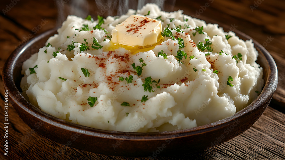 A bowl of steaming mashed potatoes with a pat of butter, parsley and paprika on top. A bowl of steaming mashed potatoes with a pat of butter, parsley and paprika on top.
