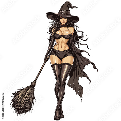 Glamorous Witch with Broomstick - Vector Illustration