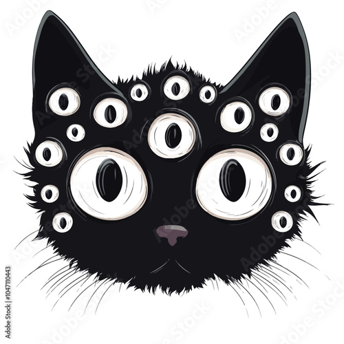 Black Cartoon Cat Head with Many Eyes Vector Illustration