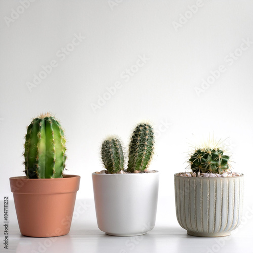 Cactus plants in simple pots on side position provides copy space for text. background concept isolated white