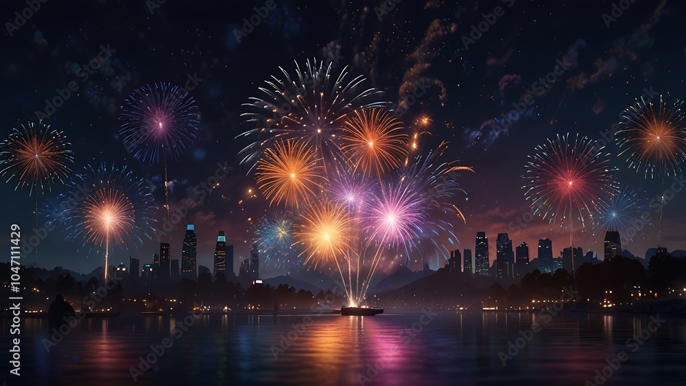 Skyscrapers Illuminate with Fireworks Overhead, Night Sky Filled with Colorful Light Bursts: Stunning Celebration of Modern Cityscape Architecture with Festive Atmosphere of Bright Lights Skyscrapers Illuminate with Fireworks Overhead, Night Sky Filled with Colorful Light Bursts: Stunning Celebration of Modern Cityscape Architecture with Festive Atmosphere of Bright Lights