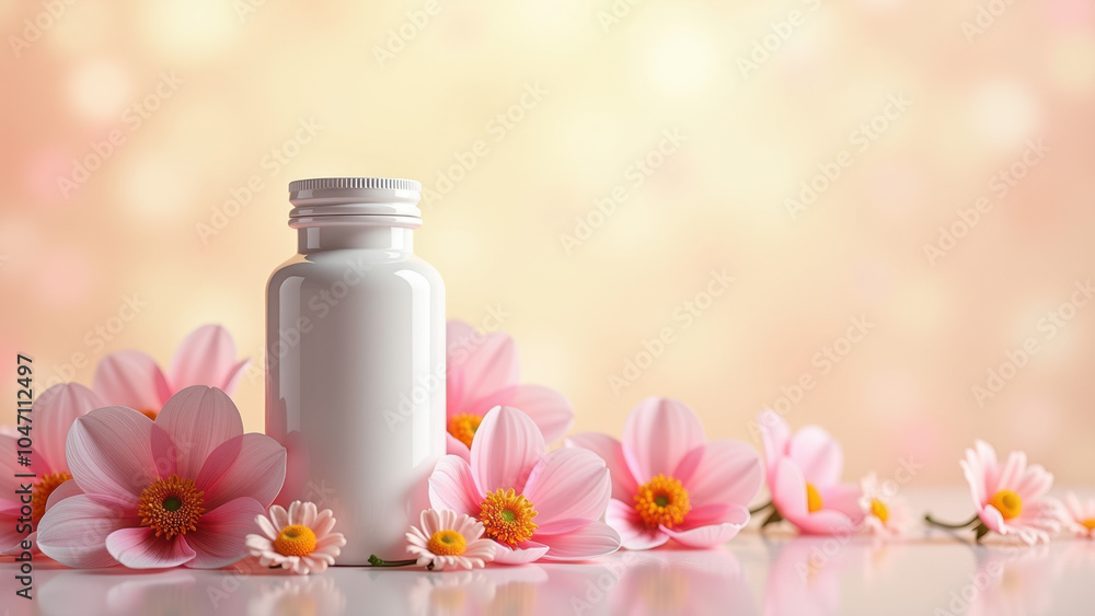 A bottle of supplements with pink petals on a light gray surface. A bottle of supplements with pink petals on a light gray surface.