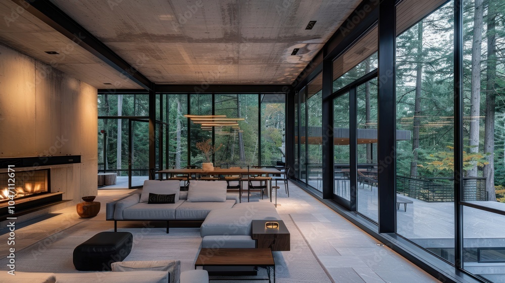Fototapeta premium Modern Living Room with Fireplace and Large Windows Overlooking a Forest