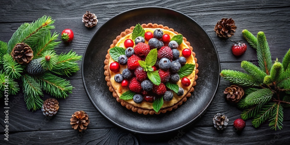 Festive Christmas Fruit Cake with Berries and Mint on Black Plate Surrounded by Fir Branches and Cones Festive Christmas Fruit Cake with Berries and Mint on Black Plate Surrounded by Fir Branches and Cones