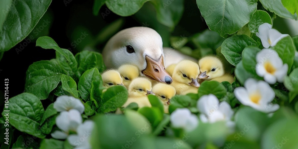 Mother Goose Nesting with Ducklings in Spring Flowers Mother Goose Nesting with Ducklings in Spring Flowers