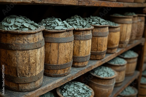 Wooden Barrels Filled with Dried Green Leaves on Shelves