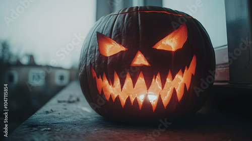 A menacing jack-o'-lantern with glowing eyes and a wide grin sits on a windowsill. photo