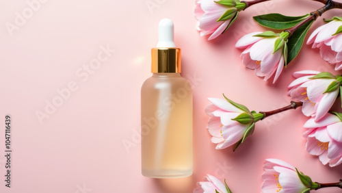 A bottle of golden beauty oil with a pink floral arrangement in the background.