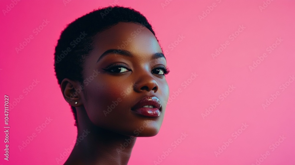 portrait of a black woman with little hair on pink background portrait of a black woman with little hair on pink background