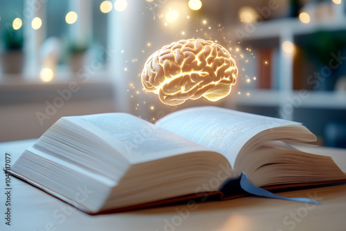 
A magical open book with glowing pages and an ancient brain floating above it, with golden hour lighting, photo