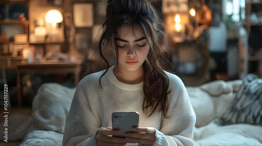 Woman in a White Sweater, Looking at Her Phone