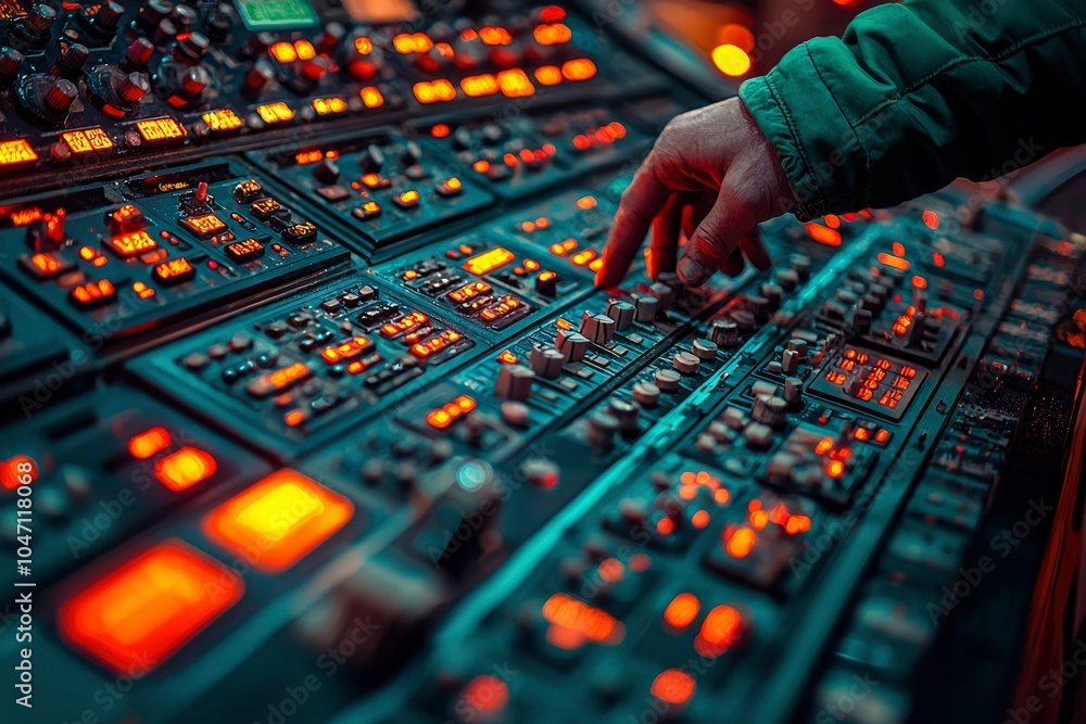 Obraz premium A Hand Reaching for a Control Panel with Orange Buttons and Knobs