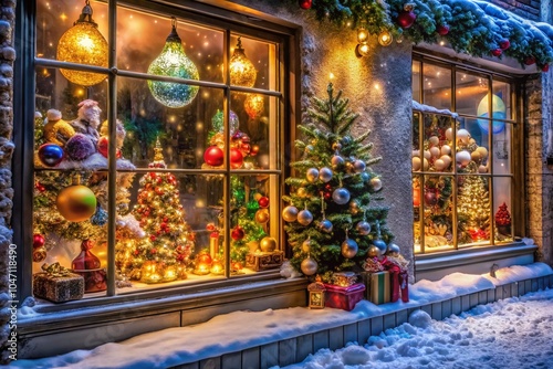 Festive Christmas Store Window Displays with High Dynamic Range Lighting and Decorations