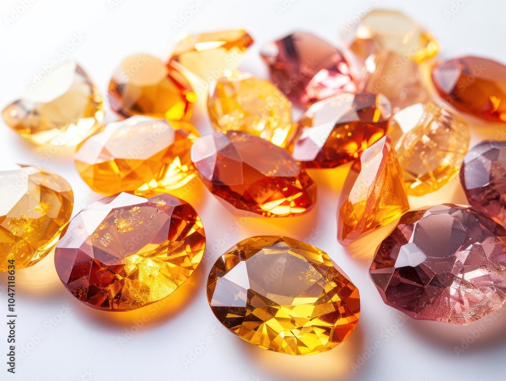 A group of polished topaz gemstones in yellow and orange, scattered on white A group of polished topaz gemstones in yellow and orange, scattered on white