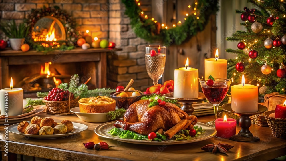 Naklejka premium Festive Christmas Table Setting with Bible Verses and Delicious Holiday Foods for Family Gatherings