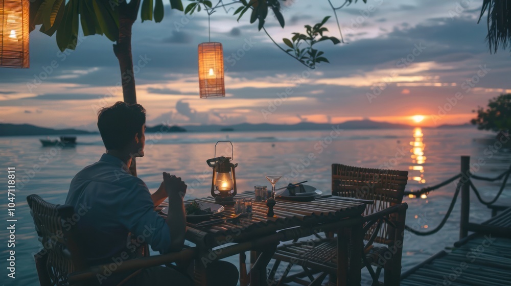 Fototapeta premium Man Dining Alone at a Table Overlooking a Sunset Ocean