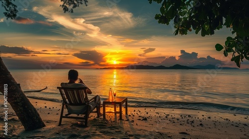 A Solitary Figure Enjoys the Golden Sunset on a Tranquil Beach