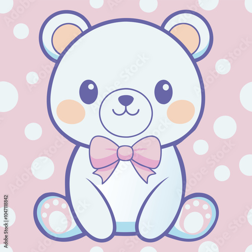 Cute white teddy bear big blue eye with pink bow, cream cheek,pink background Seamless pattern.