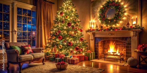 Festive Christmas Tree with Colorful Ornaments and Soft Glow in Cozy Living Room