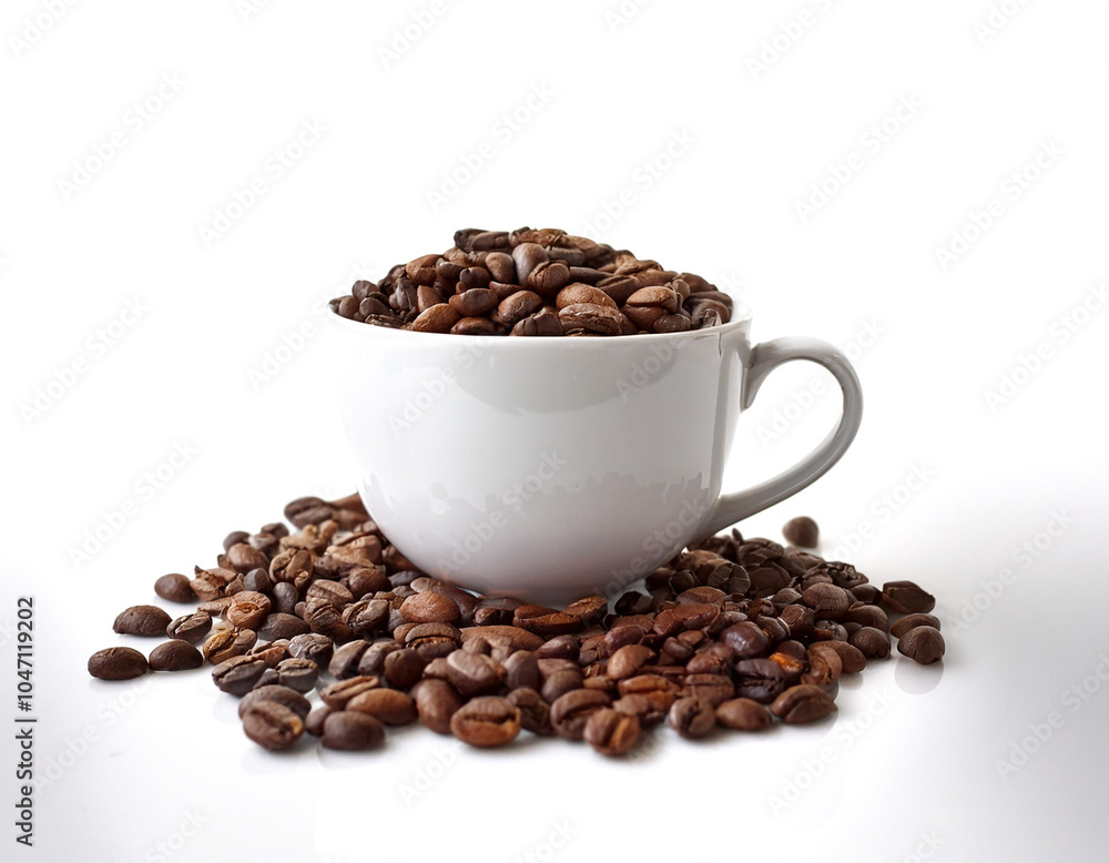 Coffee cup with coffee beans on side position provides copy space for text. background concept isolated white Coffee cup with coffee beans on side position provides copy space for text. background concept isolated white