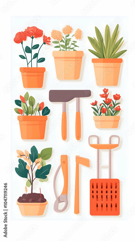 A set of potted plants, gardening tools, and a basket. A set of potted plants, gardening tools, and a basket.