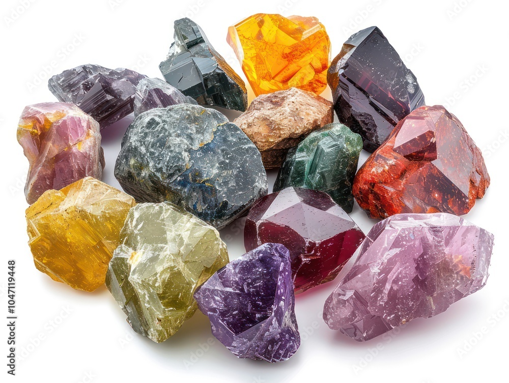 A group of rough multicolored gemstones in natural shapes, isolated on white background A group of rough multicolored gemstones in natural shapes, isolated on white background