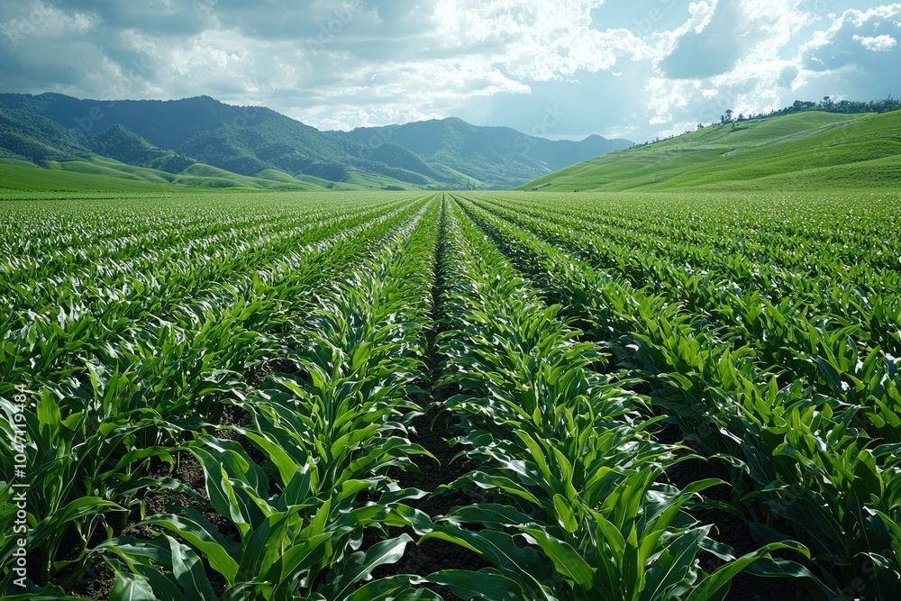 Rows of green corn plants in a field with rolling hills in the distance. Rows of green corn plants in a field with rolling hills in the distance.