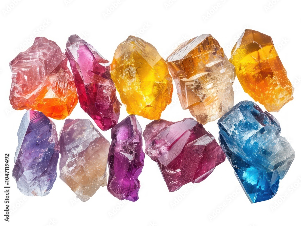 A group of rough multicolored gemstones in natural shapes, isolated on white background A group of rough multicolored gemstones in natural shapes, isolated on white background
