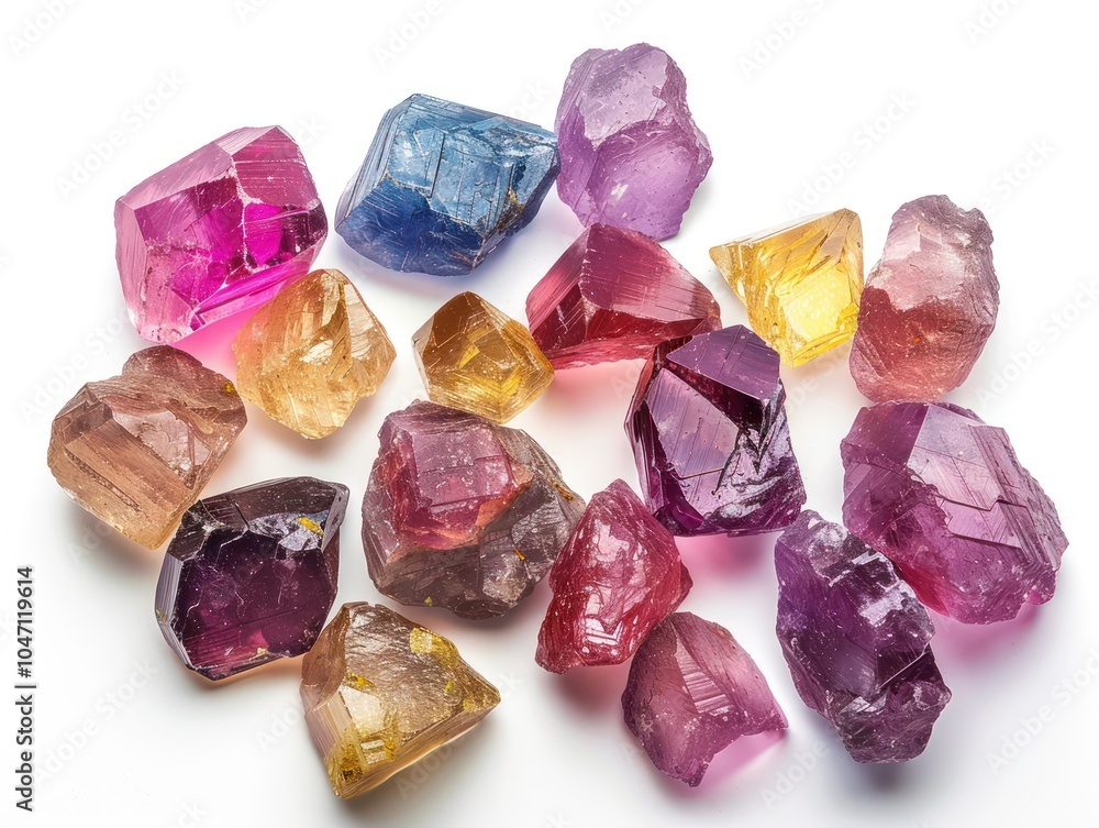 A group of rough multicolored gemstones, in natural shapes, scattered on white background A group of rough multicolored gemstones, in natural shapes, scattered on white background