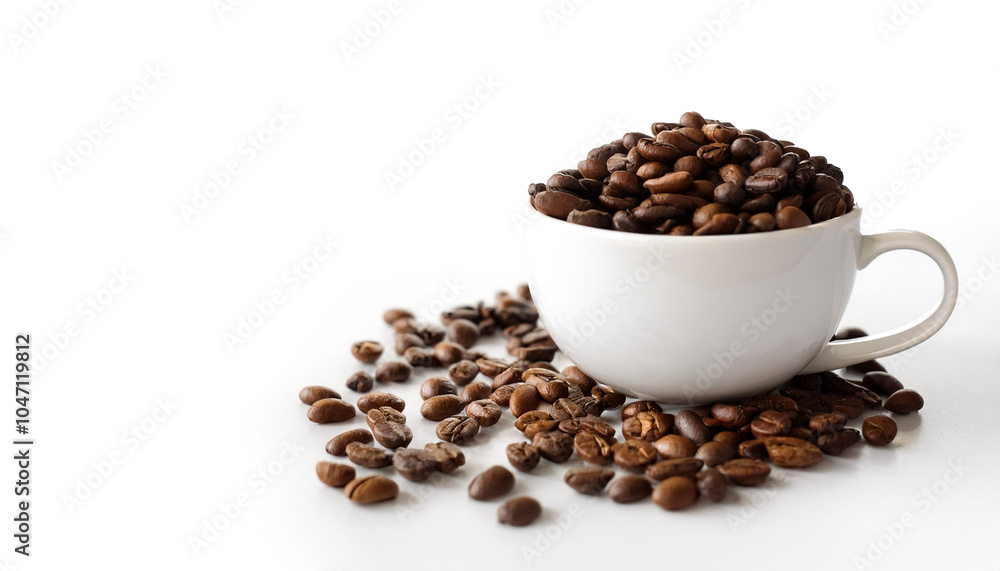 Fototapeta premium Coffee cup with coffee beans on side position provides copy space for text. background concept isolated white