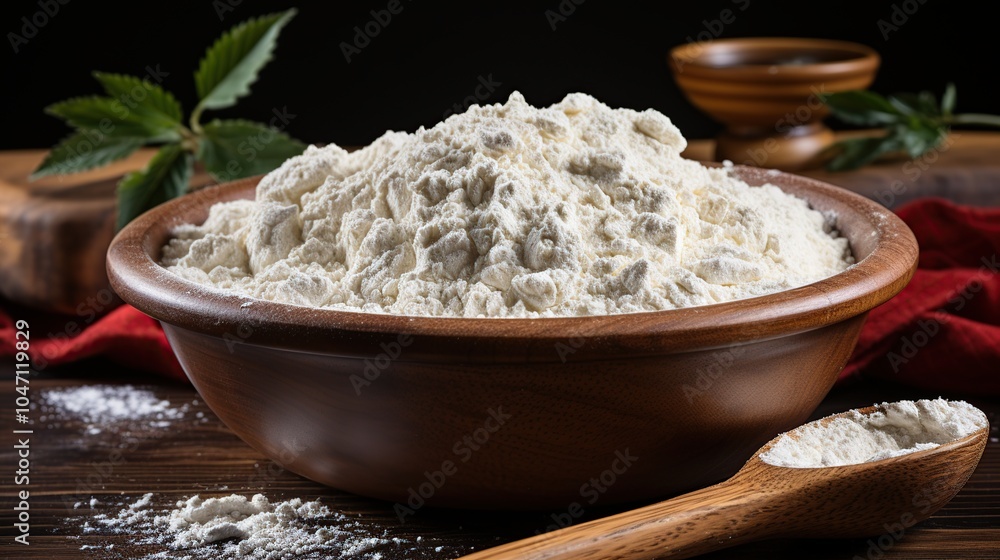 Close-up of a wooden bowl filled with white flour, with a wooden spoon and a red cloth napkin on a rustic wooden table. Close-up of a wooden bowl filled with white flour, with a wooden spoon and a red cloth napkin on a rustic wooden table.