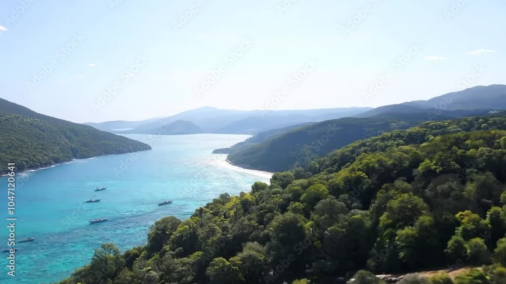 Boats crossing turquoise water create a stunning scene near a lush green forest under a bright sunny sky Boats crossing turquoise water create a stunning scene near a lush green forest under a bright sunny sky