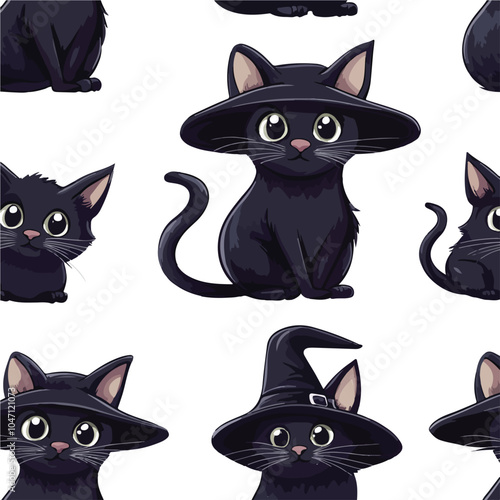 Whimsical Cute Cartoon Witchcraft Cat Head Seamless Vector Pattern