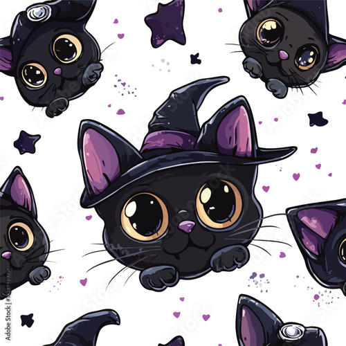 Cute Cartoon Witchcraft Cat Skull Seamless Vector Pattern