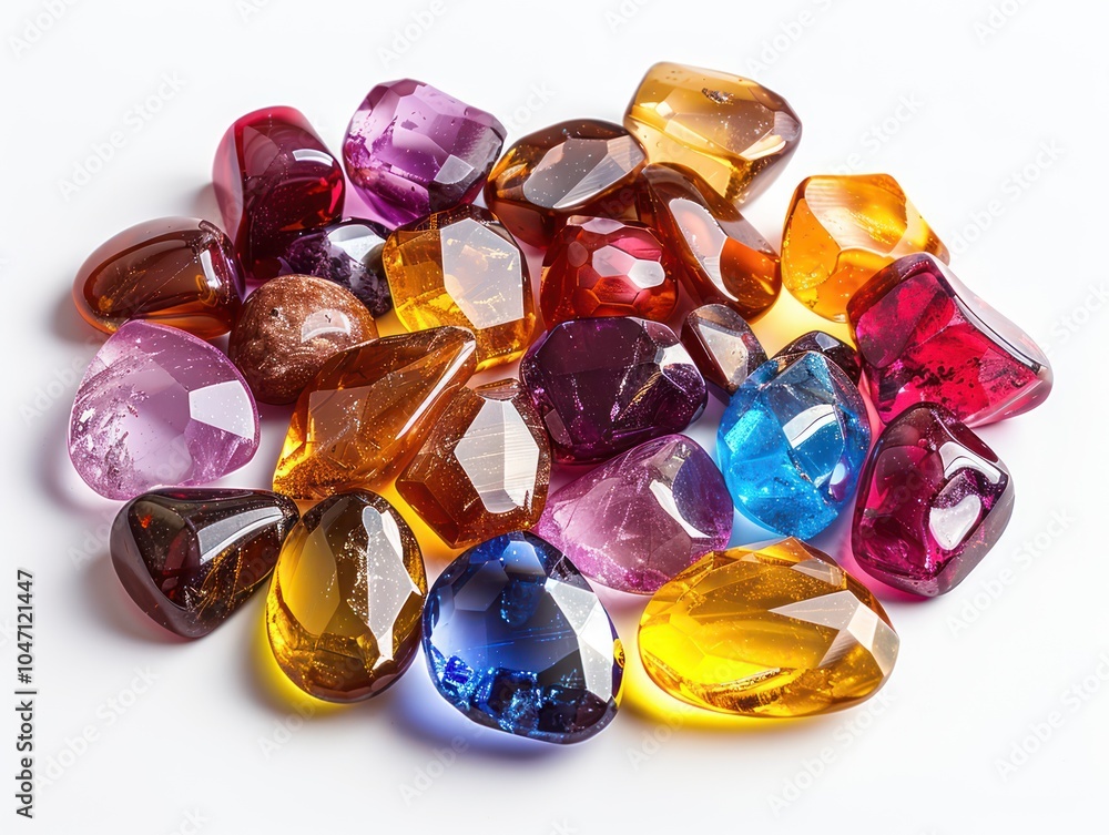 A group of small polished gemstones, scattered in a random pattern, isolated on white background A group of small polished gemstones, scattered in a random pattern, isolated on white background
